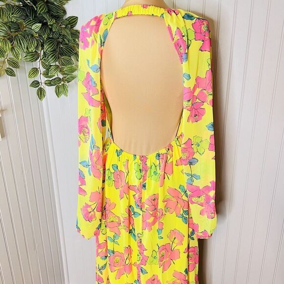 ASOS Design Sz 8 UK12 Soft Shirred Waist Open Back Maxi Dress Yellow Pink Floral - Picture 9 of 16